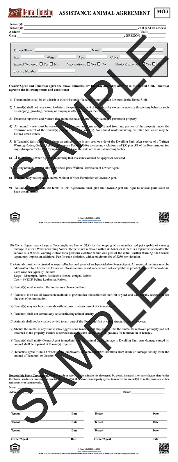 Assistance Animal Agreement<br/>12/2021