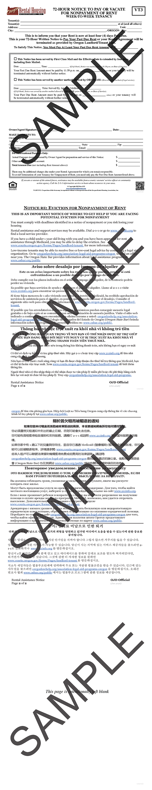 72-Hour Notice to<br/>Pay or Vacate for<br/>Nonpayment of Rent<br>Week-to-Week Tenancy<br/>03/2022