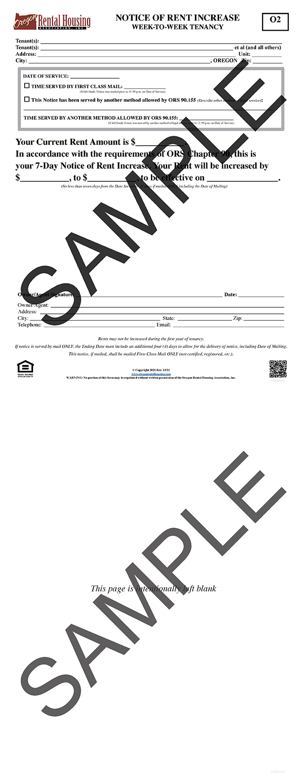 Notice of Rent Increase<br>Week-to-Week Tenancy<br/>12/2021