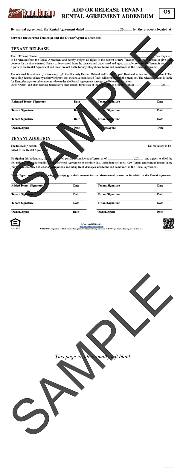 Add or Release Tenant<br/>Rental Agreement Addendum<br/>01/2022