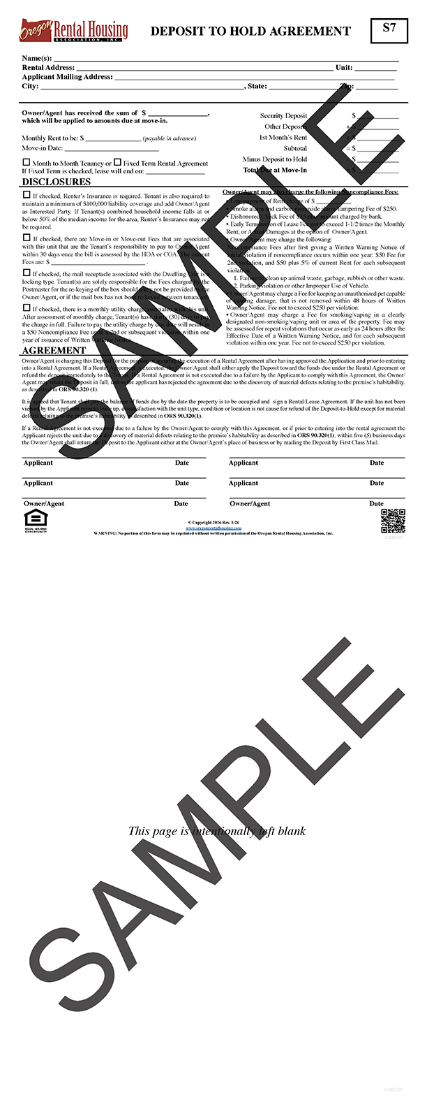 Deposit to Hold Agreement<br/>01/2026