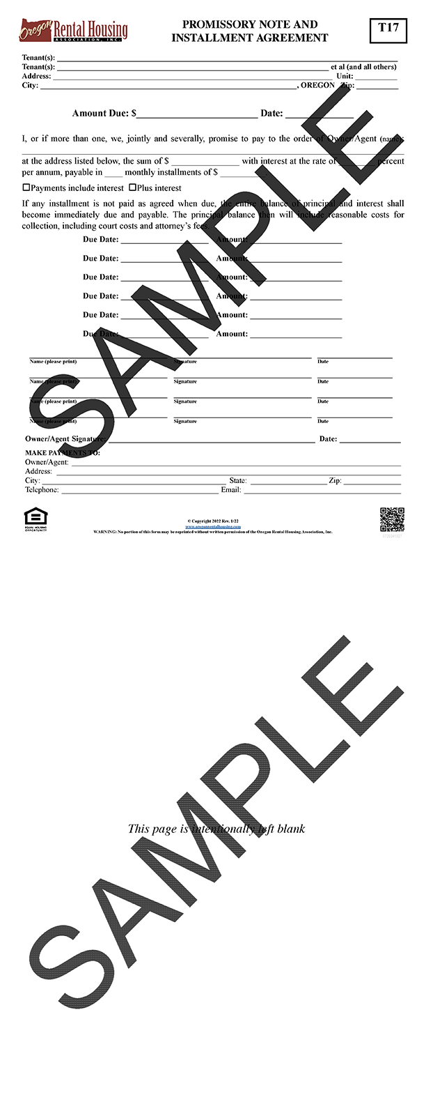 Promissory Note<br>Installment Agreement<br/>01/2022