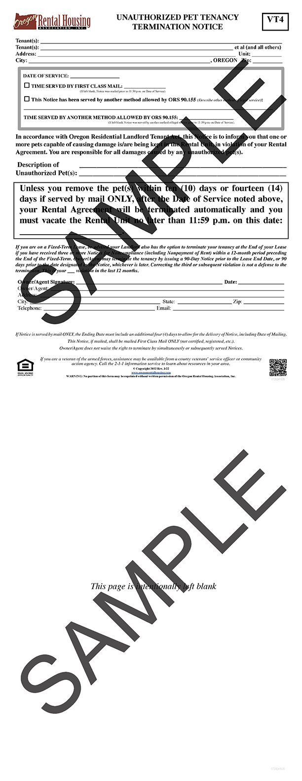 Unauthorized Pet Tenancy<br>Termination Notice<br/>03/2022